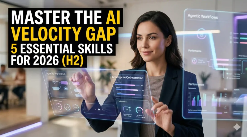 A professional female AI analyst in a 2026 tech environment, interacting with a holographic "AI Velocity Gap" skills heatmap and strategic orchestration interface.