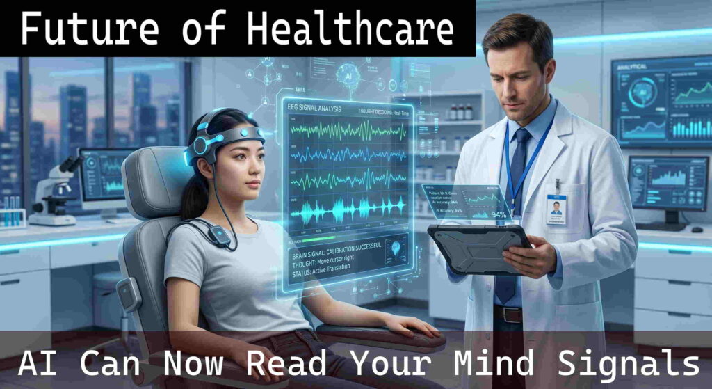 A patient wearing a modern brain-computer interface headband while an AI translates her brainwaves into digital data on a glowing screen.