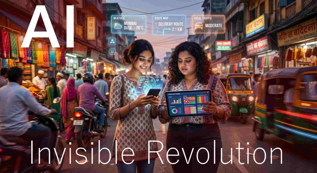 Two modern Indian women using AI-powered smartphones and tablets in a vibrant, futuristic city setting.