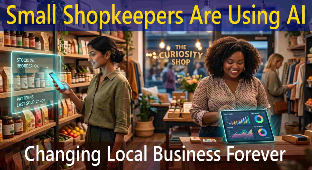 Two modern women using AI-powered smartphones and tablets to manage a vibrant, local retail shop efficiently.