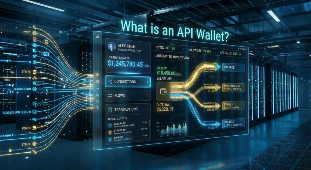 Futuristic API wallet interface showing automated digital transactions