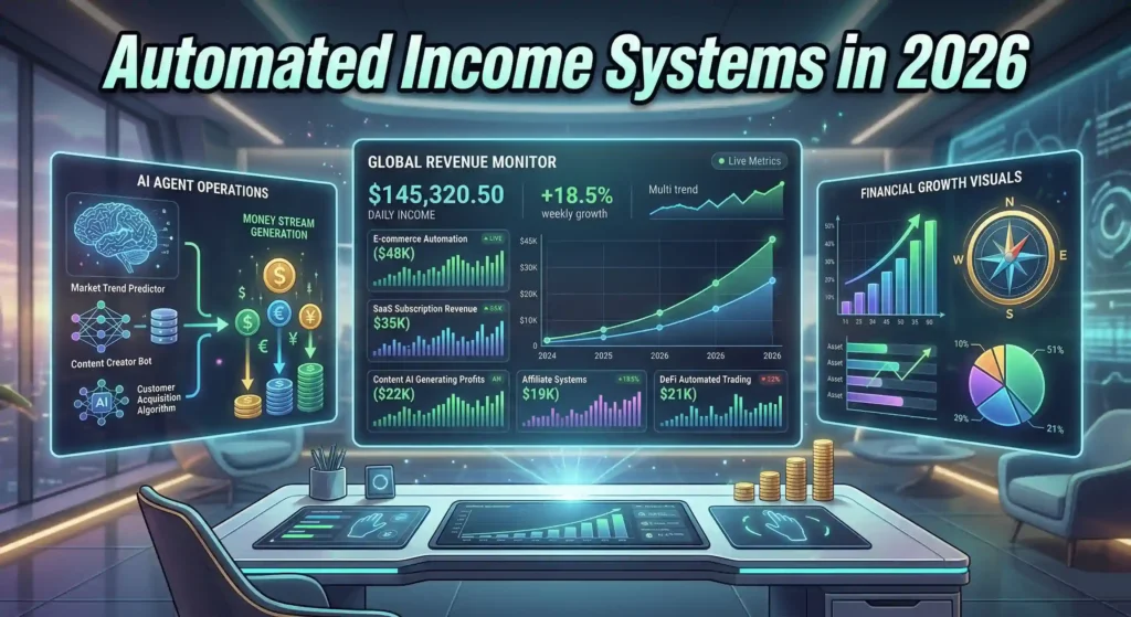 A futuristic digital workstation showing automated income dashboards and financial growth graphs