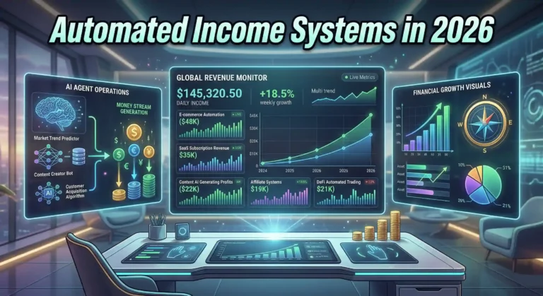 A futuristic digital workstation showing automated income dashboards and financial growth graphs