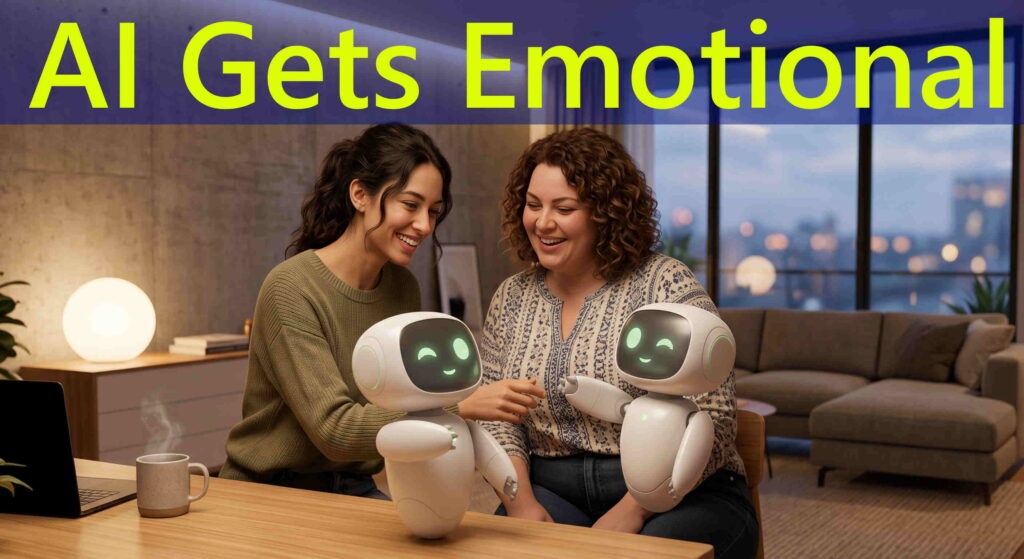 Two modern women smiling and interacting with a friendly desktop AI companion robot in a cozy living room.