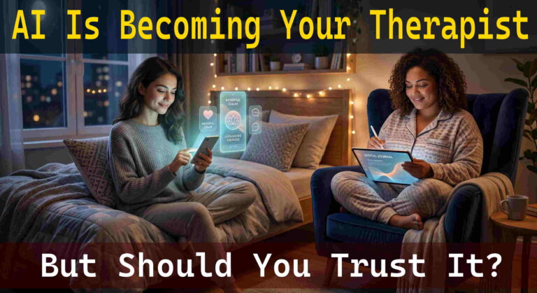 Two modern women finding peace and emotional support using AI mental health apps in a cozy, softly lit room.