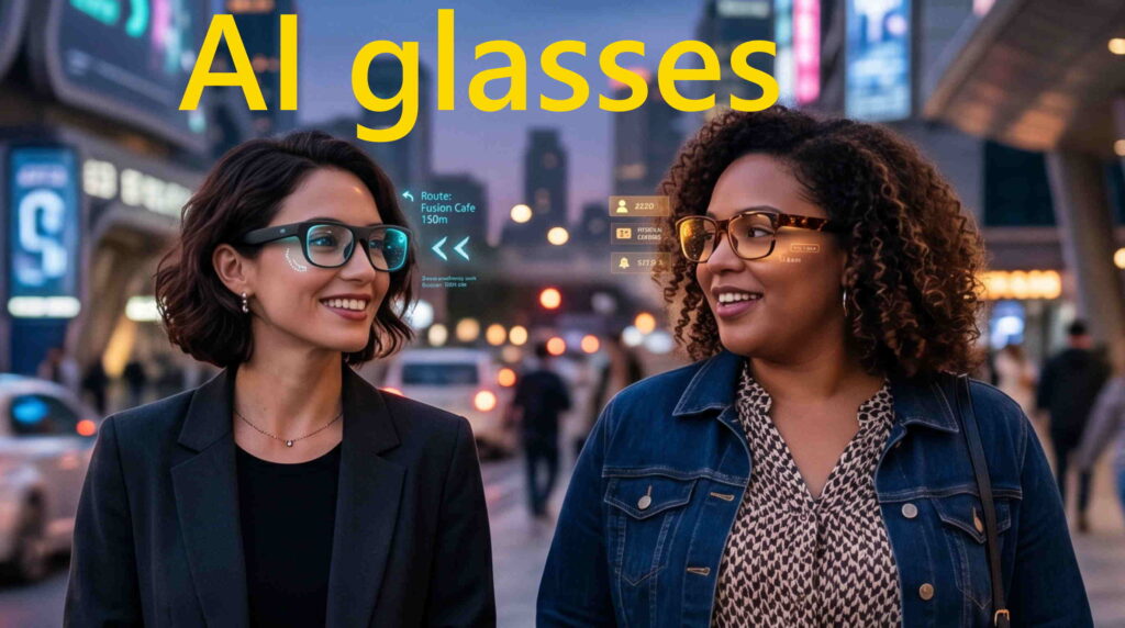 Two modern women wearing futuristic AI smart glasses on a vibrant city street