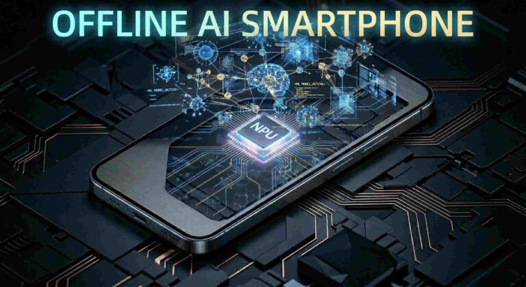 Smartphone running AI without internet connection with glowing neural network visualization