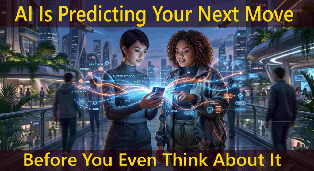 Two modern women looking at a smartphone emitting glowing, predictive AI data pathways in a futuristic city.