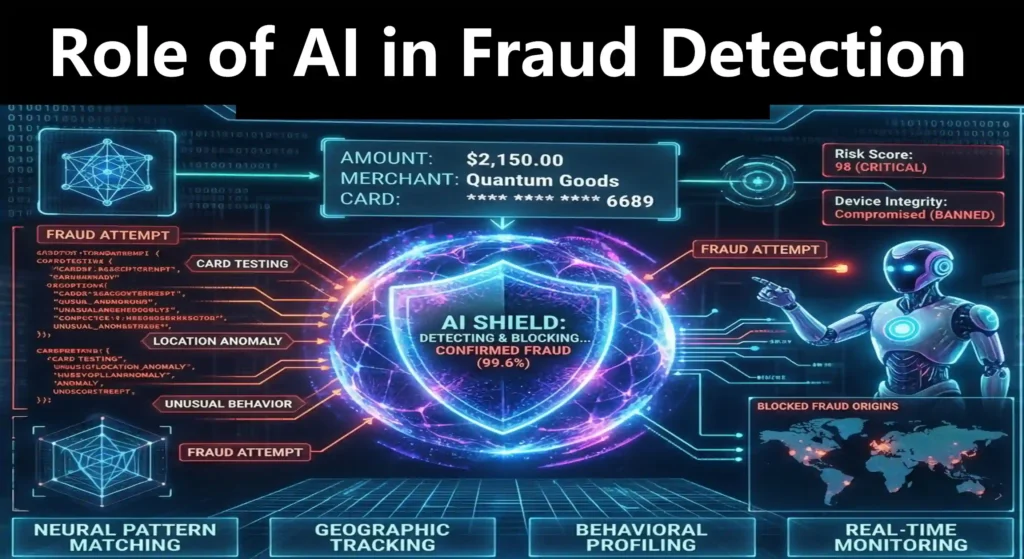 Futuristic digital shield protecting a smartphone payment transaction using artificial intelligence.