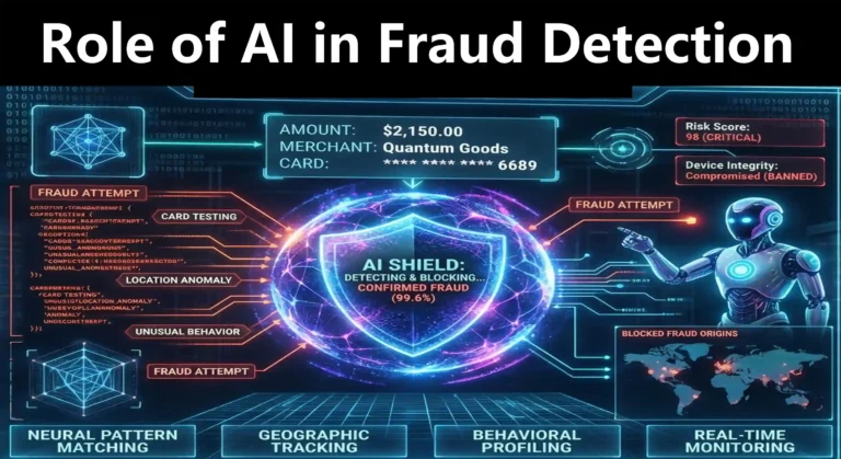 Futuristic digital shield protecting a smartphone payment transaction using artificial intelligence.