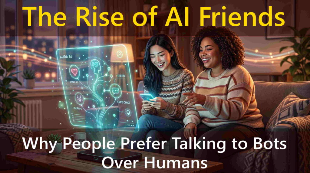 Two women smiling and interacting with a glowing AI digital companion interface in a cozy living room.
