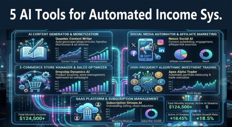 A futuristic digital workstation displaying interconnected AI tools managing automated income streams.