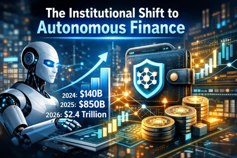 Autonomous finance AI agent managing a decentralized API wallet with real-time microtransactions, glowing blue data streams, and exponential growth graph (2026 fintech concept)