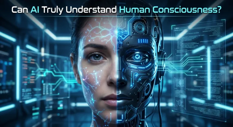 Human and AI robot face merging with glowing neural networks representing artificial intelligence and human consciousness.